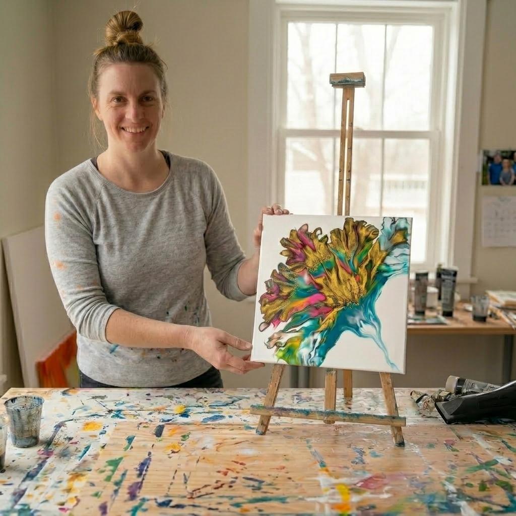 Sarah, creator of The Hairdryer Canvas Course, in her studio