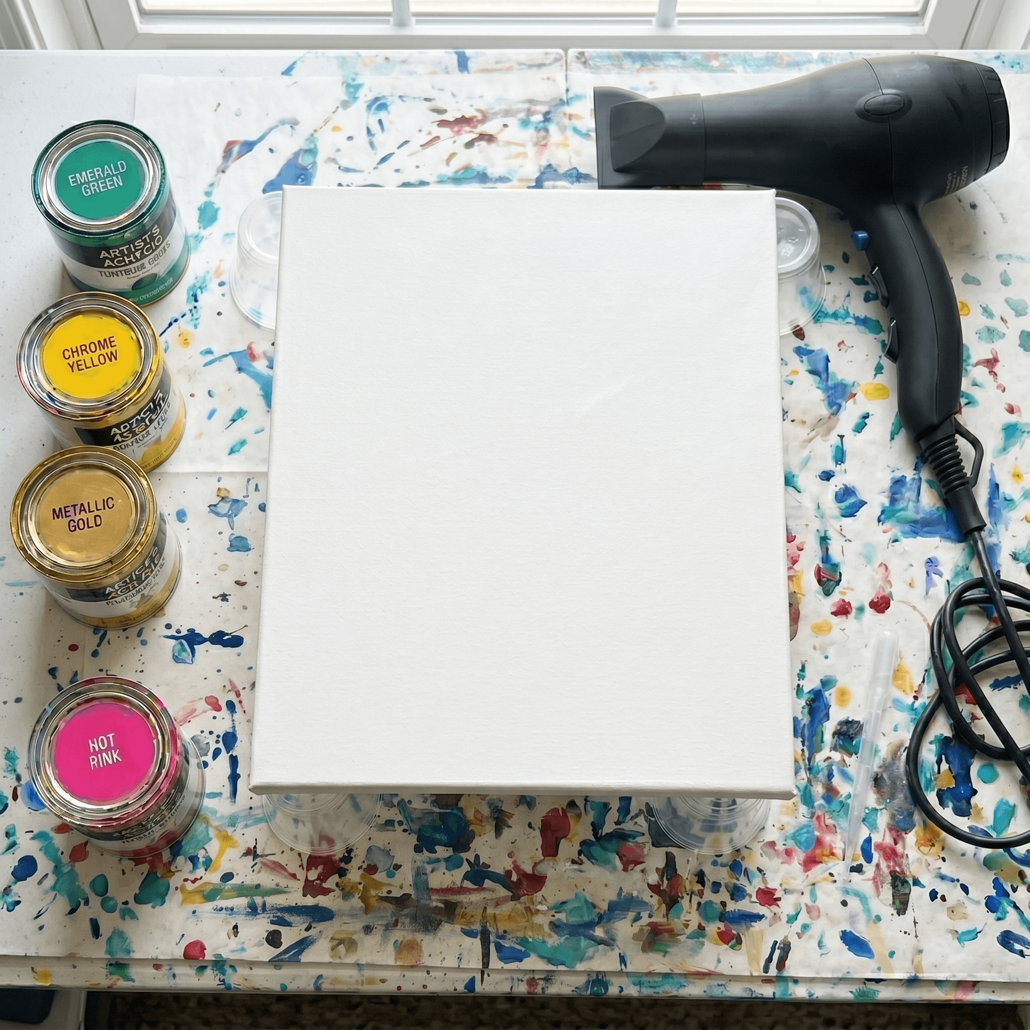 Module 1: workspace setup with acrylic paints, canvas, and hairdryer